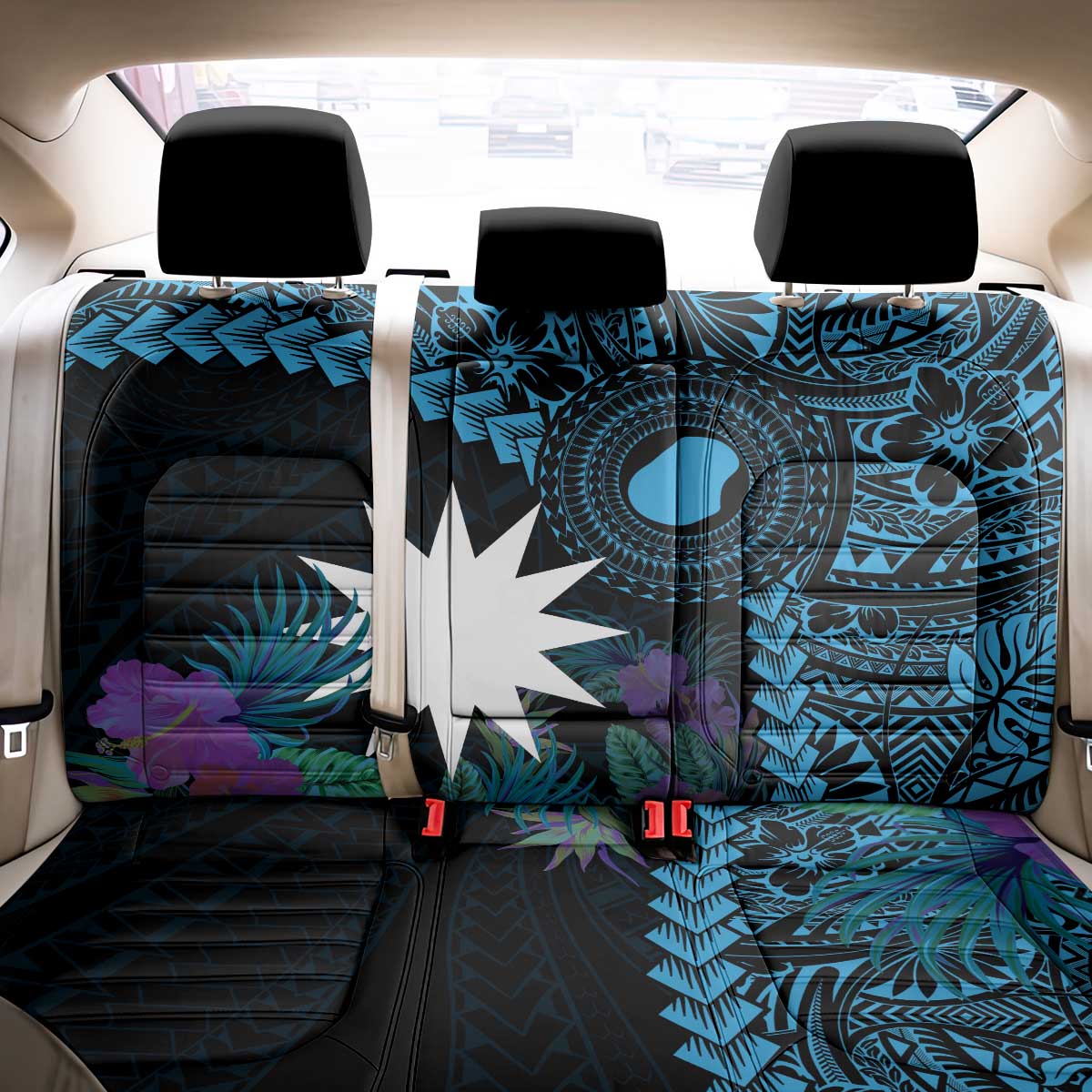 Blue Nauru Back Car Seat Cover Naoero Map With Polynesian Tropical Flowers LT14 - Polynesian Pride