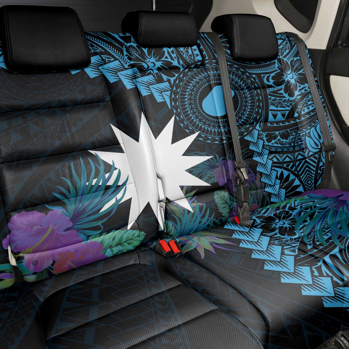 Blue Nauru Back Car Seat Cover Naoero Map With Polynesian Tropical Flowers LT14 - Polynesian Pride