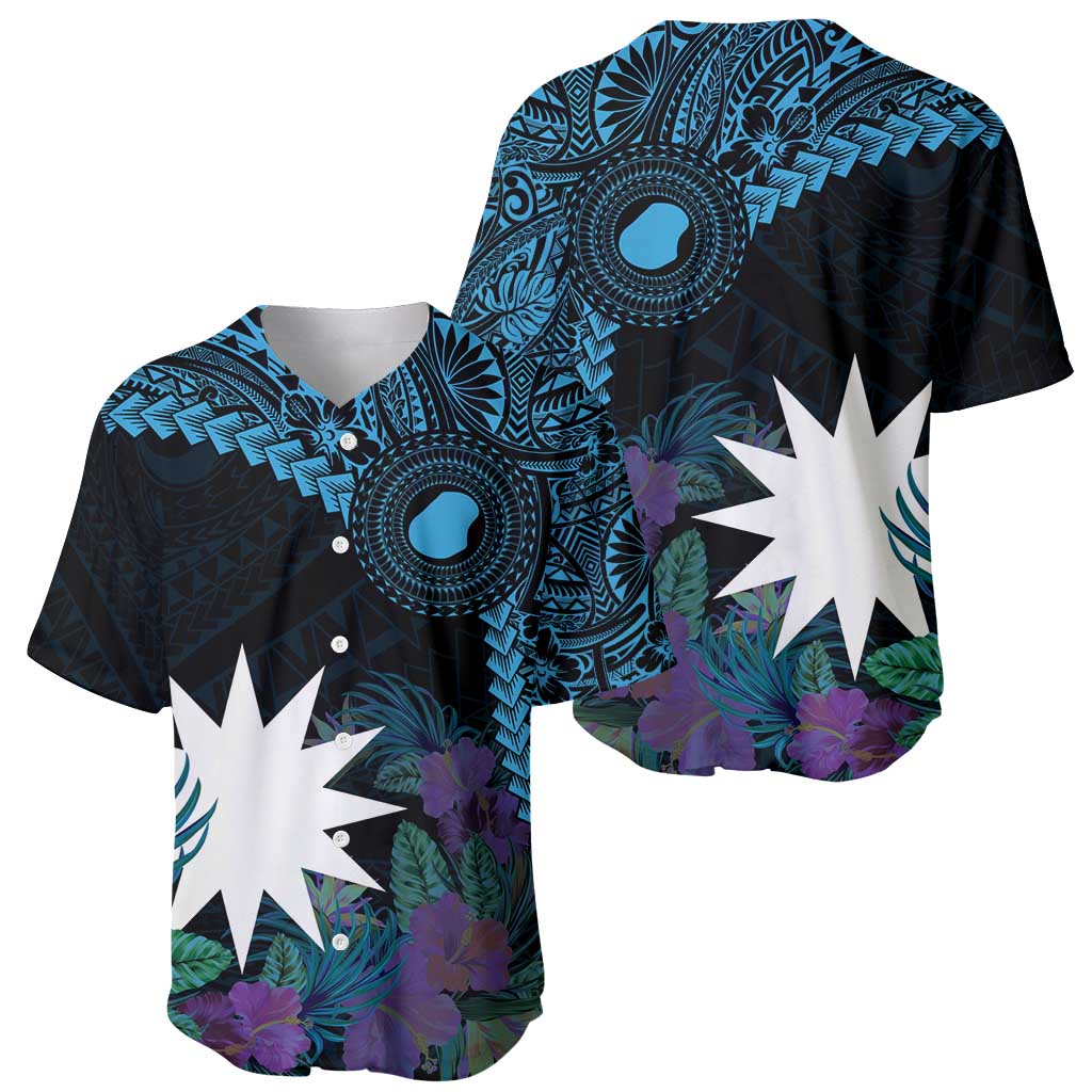 Blue Nauru Baseball Jersey Naoero Map With Polynesian Tropical Flowers LT14 - Polynesian Pride