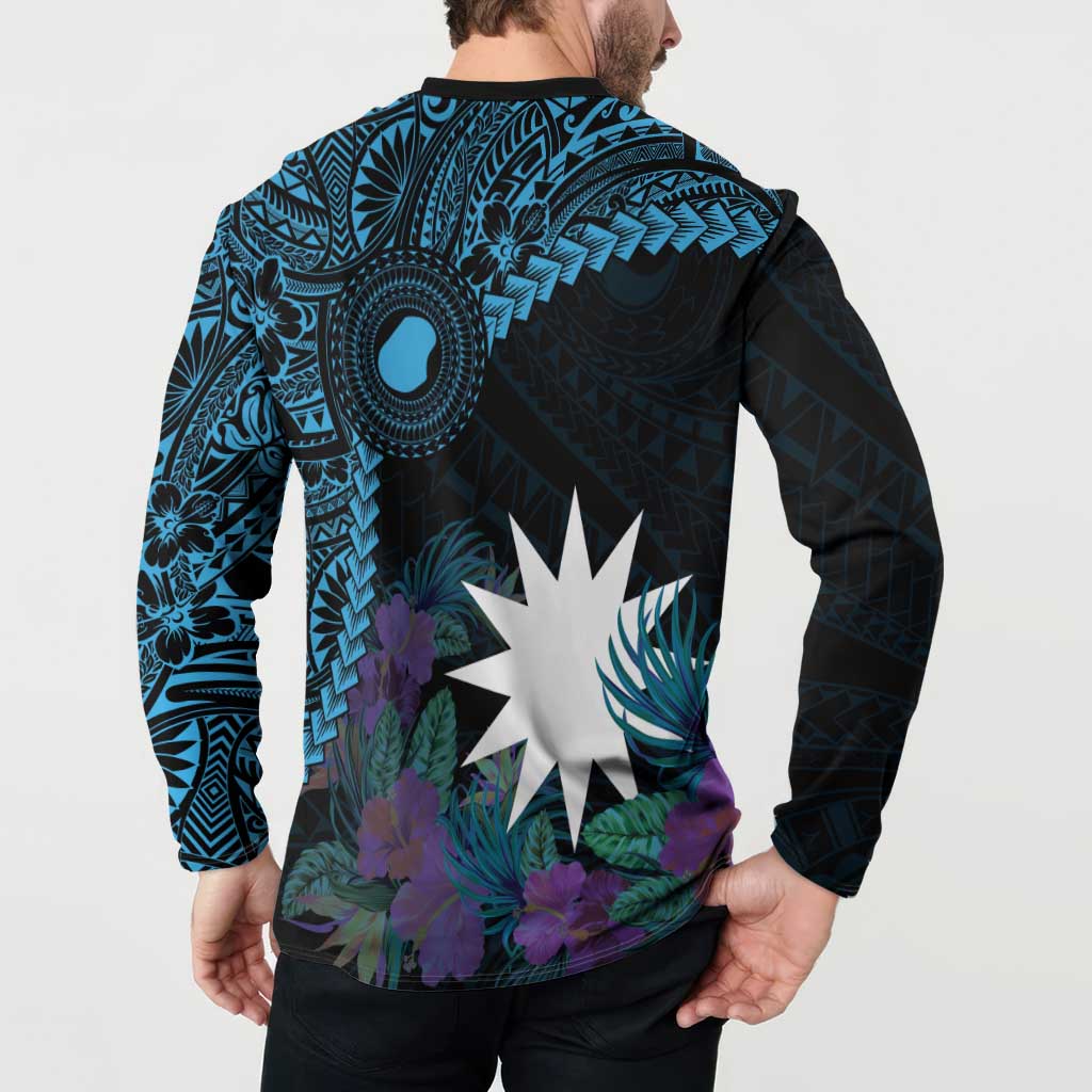 Blue Nauru Button Sweatshirt Naoero Map With Polynesian Tropical Flowers