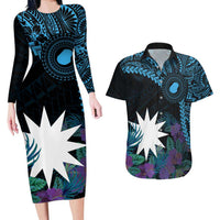 Blue Nauru Couples Matching Long Sleeve Bodycon Dress and Hawaiian Shirt Naoero Map With Polynesian Tropical Flowers LT14 Blue - Polynesian Pride