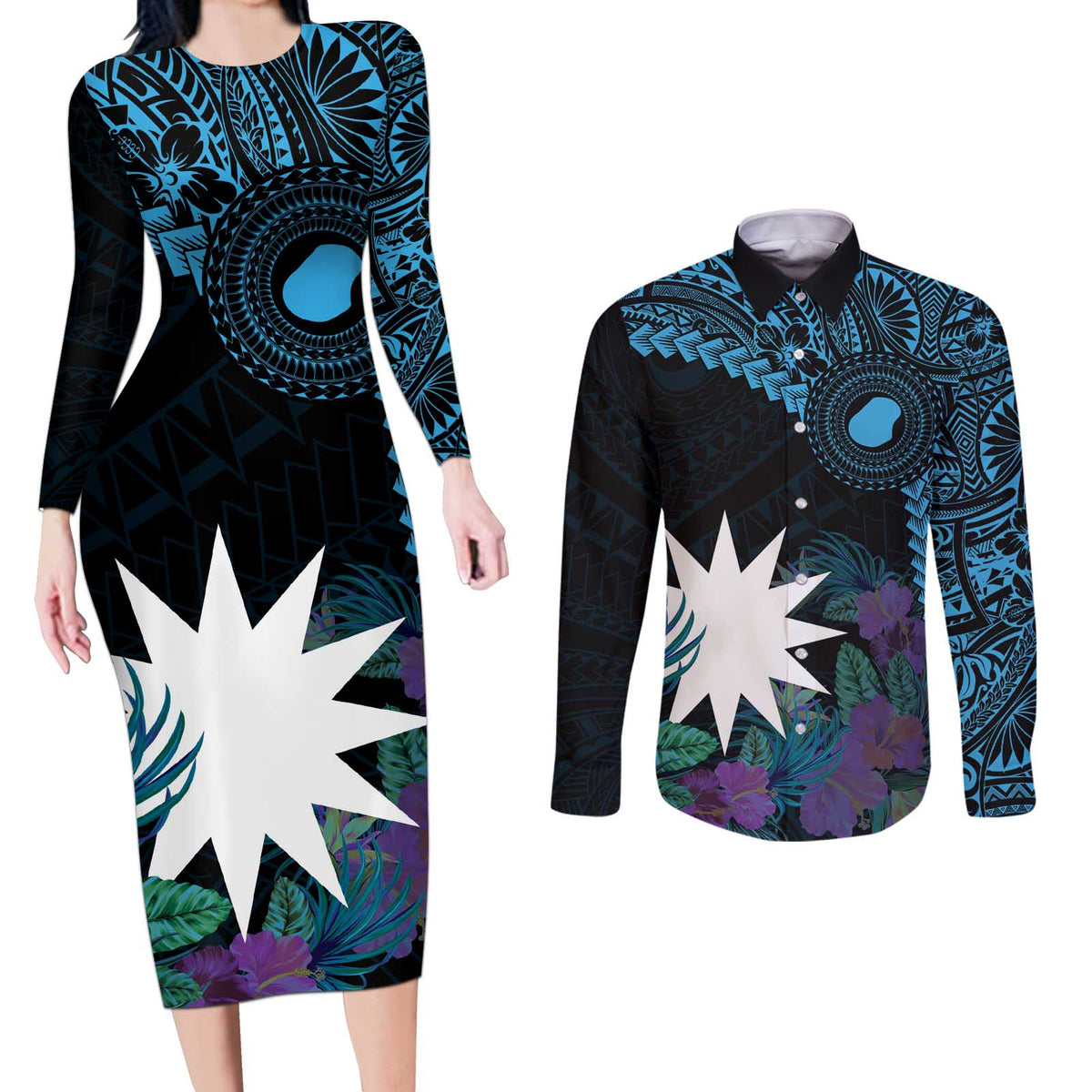 Blue Nauru Couples Matching Long Sleeve Bodycon Dress and Long Sleeve Button Shirt Naoero Map With Polynesian Tropical Flowers LT14 Blue - Polynesian Pride