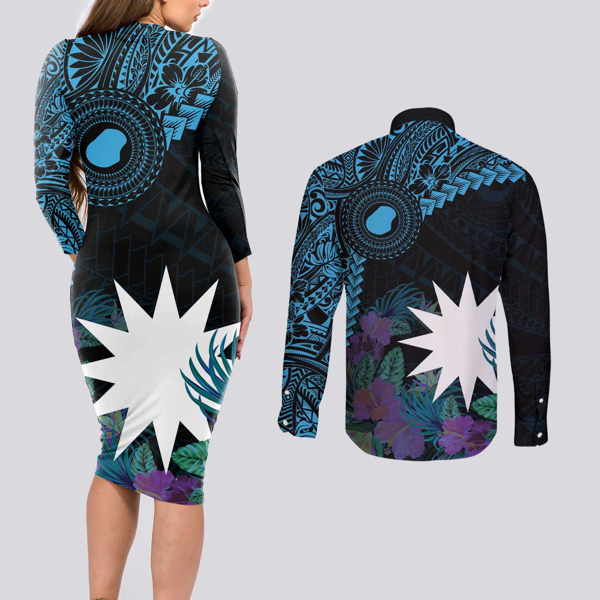 Blue Nauru Couples Matching Long Sleeve Bodycon Dress and Long Sleeve Button Shirt Naoero Map With Polynesian Tropical Flowers LT14 - Polynesian Pride