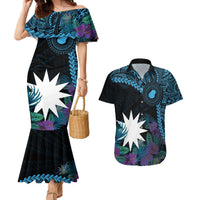 Blue Nauru Couples Matching Mermaid Dress and Hawaiian Shirt Naoero Map With Polynesian Tropical Flowers LT14 Blue - Polynesian Pride