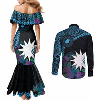 Blue Nauru Couples Matching Mermaid Dress and Long Sleeve Button Shirt Naoero Map With Polynesian Tropical Flowers LT14 - Polynesian Pride