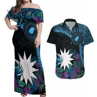 Blue Nauru Couples Matching Off Shoulder Maxi Dress and Hawaiian Shirt Naoero Map With Polynesian Tropical Flowers LT14 Blue - Polynesian Pride