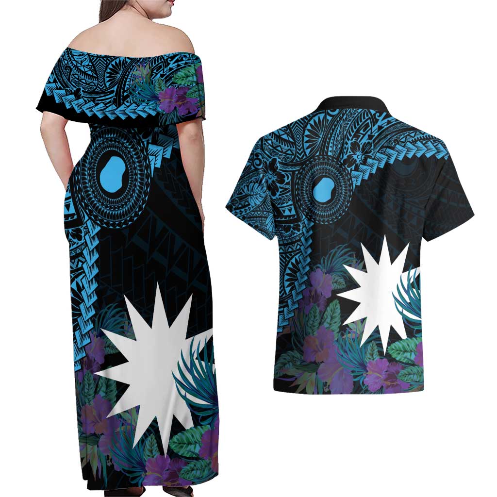 Blue Nauru Couples Matching Off Shoulder Maxi Dress and Hawaiian Shirt Naoero Map With Polynesian Tropical Flowers LT14 - Polynesian Pride