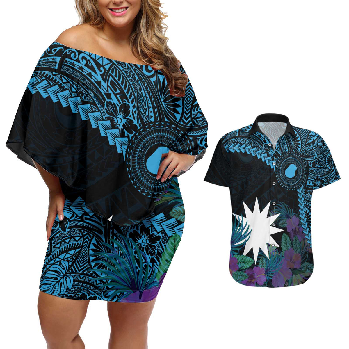 Blue Nauru Couples Matching Off Shoulder Short Dress and Hawaiian Shirt Naoero Map With Polynesian Tropical Flowers LT14 Blue - Polynesian Pride