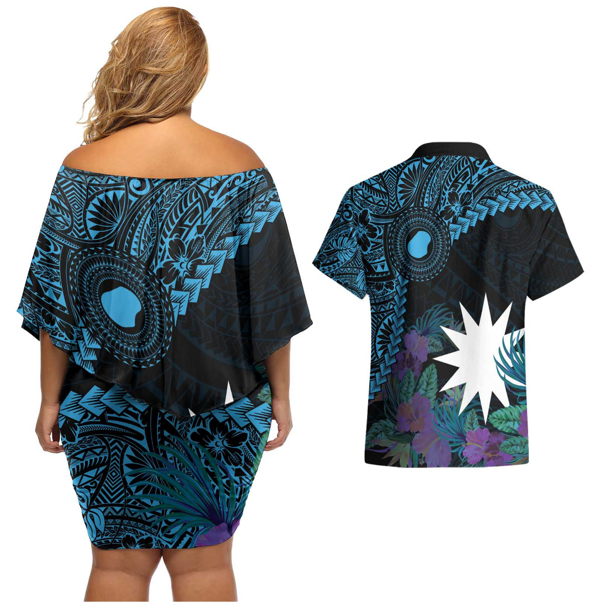 Blue Nauru Couples Matching Off Shoulder Short Dress and Hawaiian Shirt Naoero Map With Polynesian Tropical Flowers LT14 - Polynesian Pride