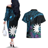 Blue Nauru Couples Matching Off The Shoulder Long Sleeve Dress and Hawaiian Shirt Naoero Map With Polynesian Tropical Flowers LT14 - Polynesian Pride