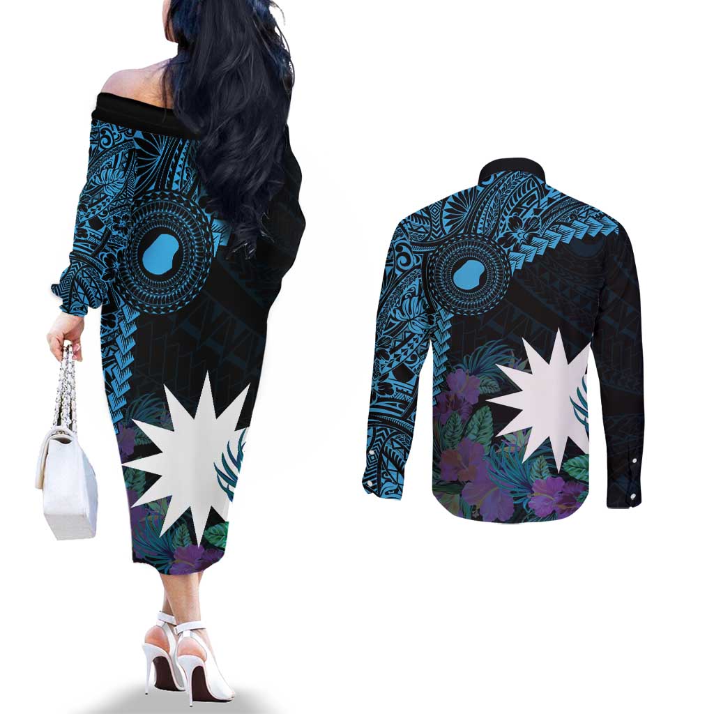 Blue Nauru Couples Matching Off The Shoulder Long Sleeve Dress and Long Sleeve Button Shirt Naoero Map With Polynesian Tropical Flowers LT14 - Polynesian Pride