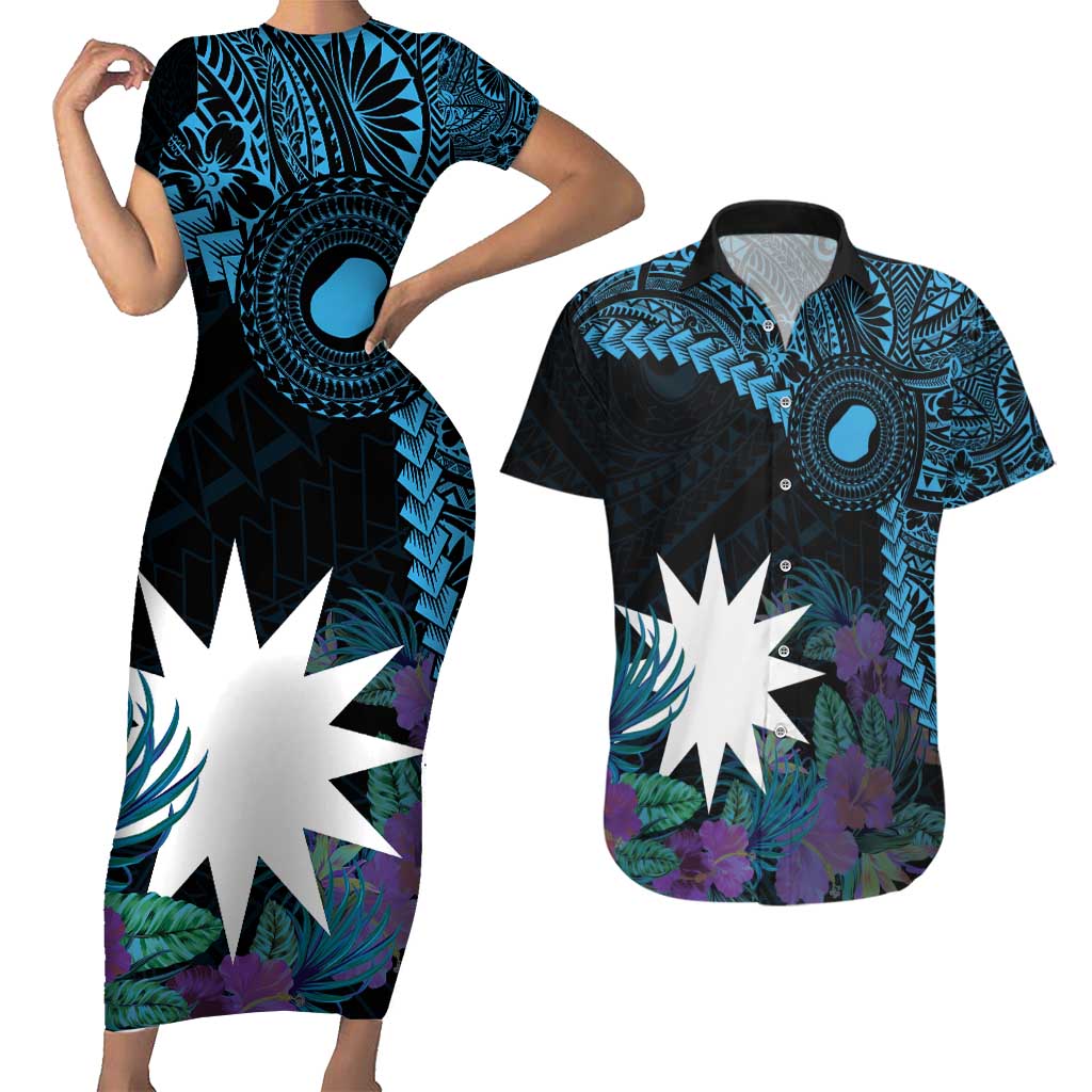 Blue Nauru Couples Matching Short Sleeve Bodycon Dress and Hawaiian Shirt Naoero Map With Polynesian Tropical Flowers LT14 Blue - Polynesian Pride