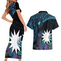 Blue Nauru Couples Matching Short Sleeve Bodycon Dress and Hawaiian Shirt Naoero Map With Polynesian Tropical Flowers LT14 - Polynesian Pride