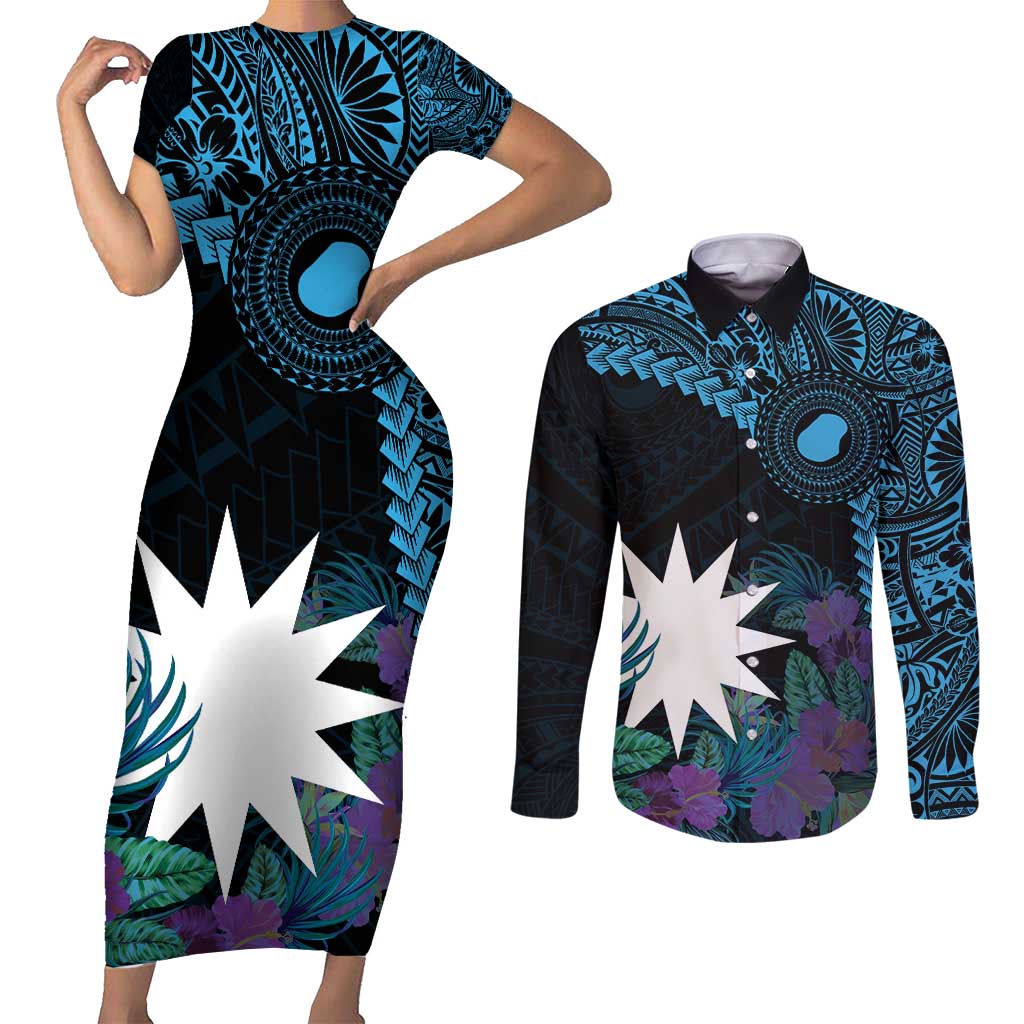 Blue Nauru Couples Matching Short Sleeve Bodycon Dress and Long Sleeve Button Shirt Naoero Map With Polynesian Tropical Flowers LT14 Blue - Polynesian Pride