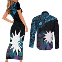 Blue Nauru Couples Matching Short Sleeve Bodycon Dress and Long Sleeve Button Shirt Naoero Map With Polynesian Tropical Flowers LT14 - Polynesian Pride