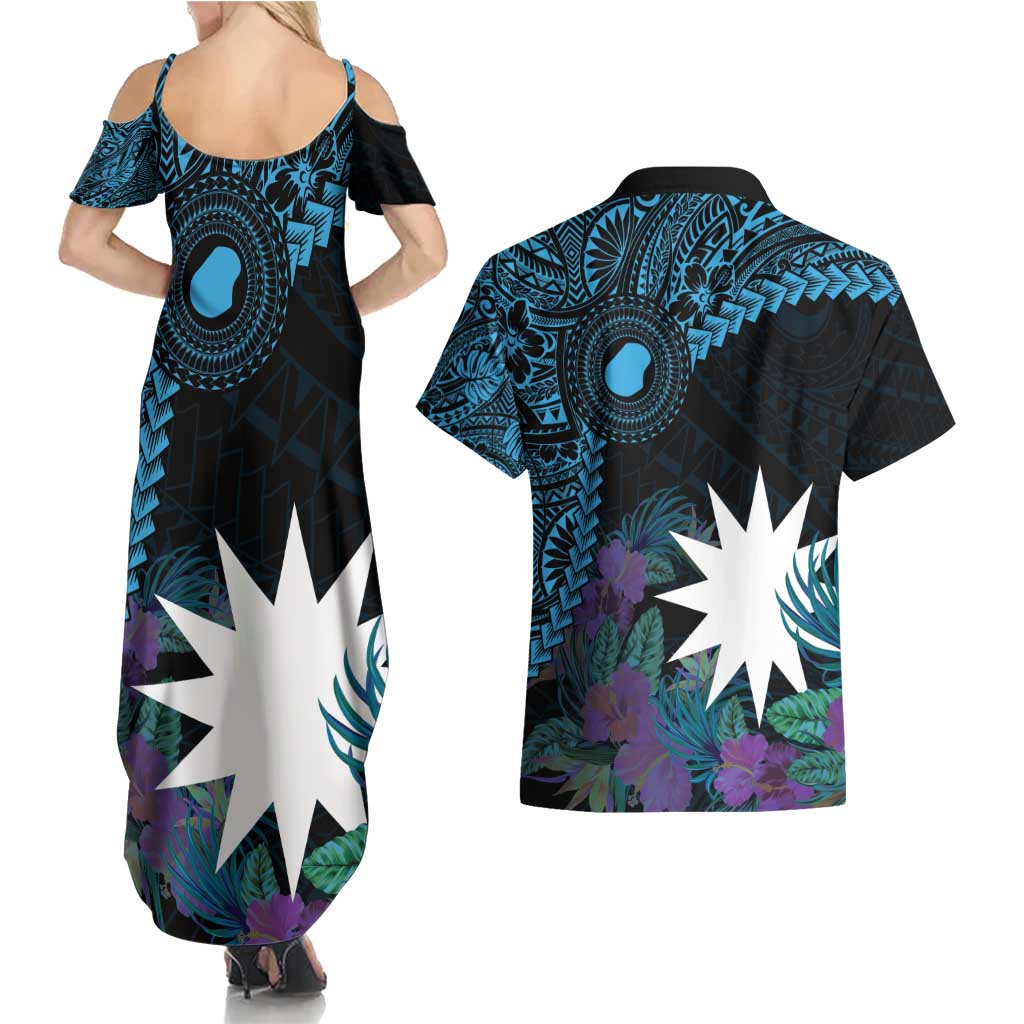 Blue Nauru Couples Matching Summer Maxi Dress and Hawaiian Shirt Naoero Map With Polynesian Tropical Flowers LT14 - Polynesian Pride