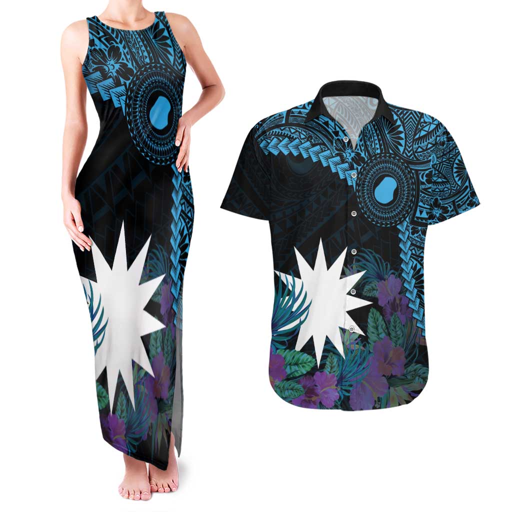 Blue Nauru Couples Matching Tank Maxi Dress and Hawaiian Shirt Naoero Map With Polynesian Tropical Flowers LT14 Blue - Polynesian Pride