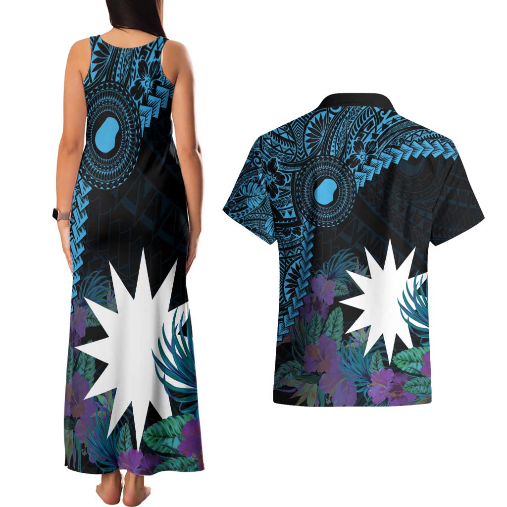 Blue Nauru Couples Matching Tank Maxi Dress and Hawaiian Shirt Naoero Map With Polynesian Tropical Flowers LT14 - Polynesian Pride