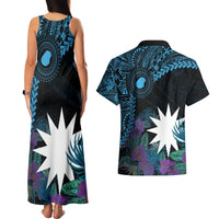 Blue Nauru Couples Matching Tank Maxi Dress and Hawaiian Shirt Naoero Map With Polynesian Tropical Flowers LT14 - Polynesian Pride