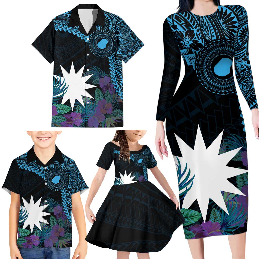 Blue Nauru Family Matching Long Sleeve Bodycon Dress and Hawaiian Shirt Naoero Map With Polynesian Tropical Flowers LT14 - Polynesian Pride