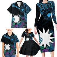 Blue Nauru Family Matching Long Sleeve Bodycon Dress and Hawaiian Shirt Naoero Map With Polynesian Tropical Flowers LT14 - Polynesian Pride