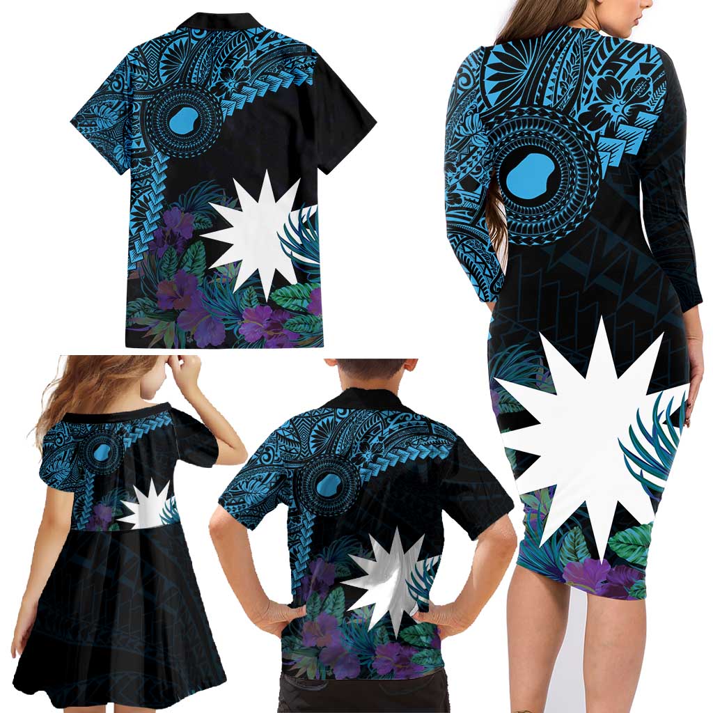 Blue Nauru Family Matching Long Sleeve Bodycon Dress and Hawaiian Shirt Naoero Map With Polynesian Tropical Flowers LT14 - Polynesian Pride