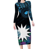 Blue Nauru Family Matching Long Sleeve Bodycon Dress and Hawaiian Shirt Naoero Map With Polynesian Tropical Flowers LT14 Mom's Dress Blue - Polynesian Pride