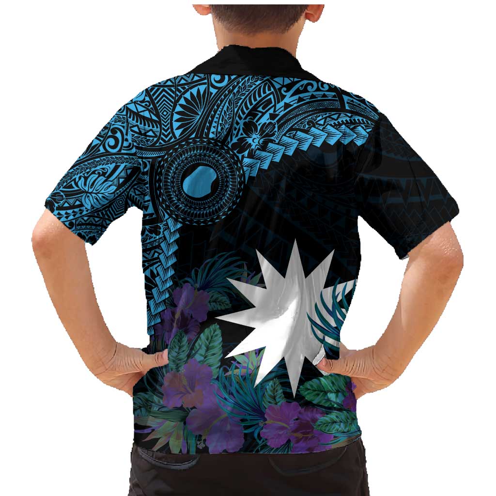 Blue Nauru Family Matching Mermaid Dress and Hawaiian Shirt Naoero Map With Polynesian Tropical Flowers LT14 - Polynesian Pride