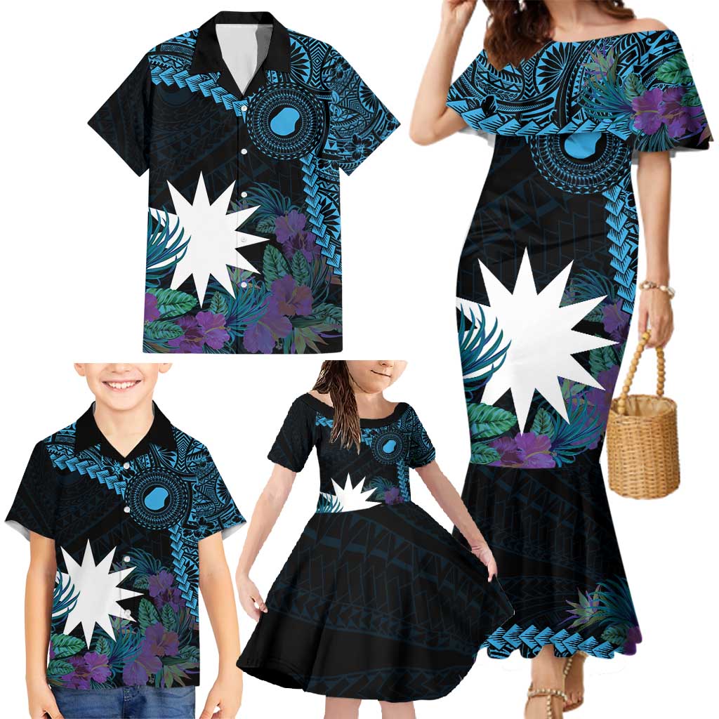 Blue Nauru Family Matching Mermaid Dress and Hawaiian Shirt Naoero Map With Polynesian Tropical Flowers LT14 - Polynesian Pride