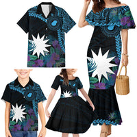 Blue Nauru Family Matching Mermaid Dress and Hawaiian Shirt Naoero Map With Polynesian Tropical Flowers LT14 - Polynesian Pride