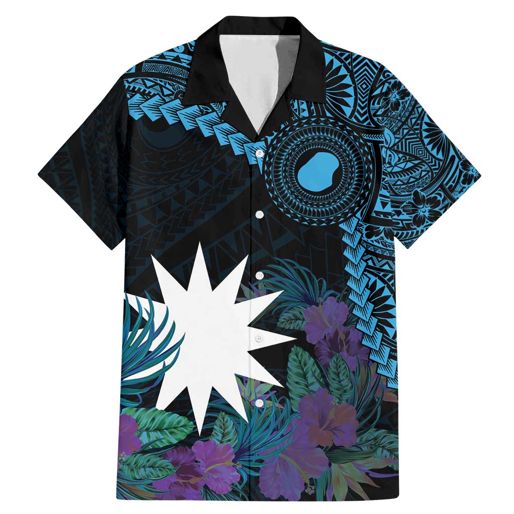 Blue Nauru Family Matching Mermaid Dress and Hawaiian Shirt Naoero Map With Polynesian Tropical Flowers LT14 Dad's Shirt - Short Sleeve Blue - Polynesian Pride
