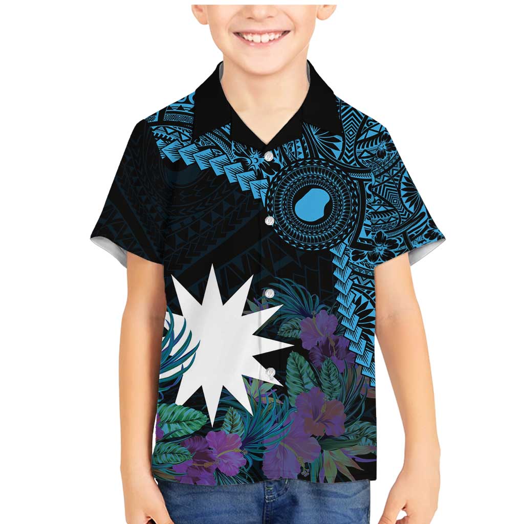 Blue Nauru Family Matching Mermaid Dress and Hawaiian Shirt Naoero Map With Polynesian Tropical Flowers LT14 Son's Shirt Blue - Polynesian Pride