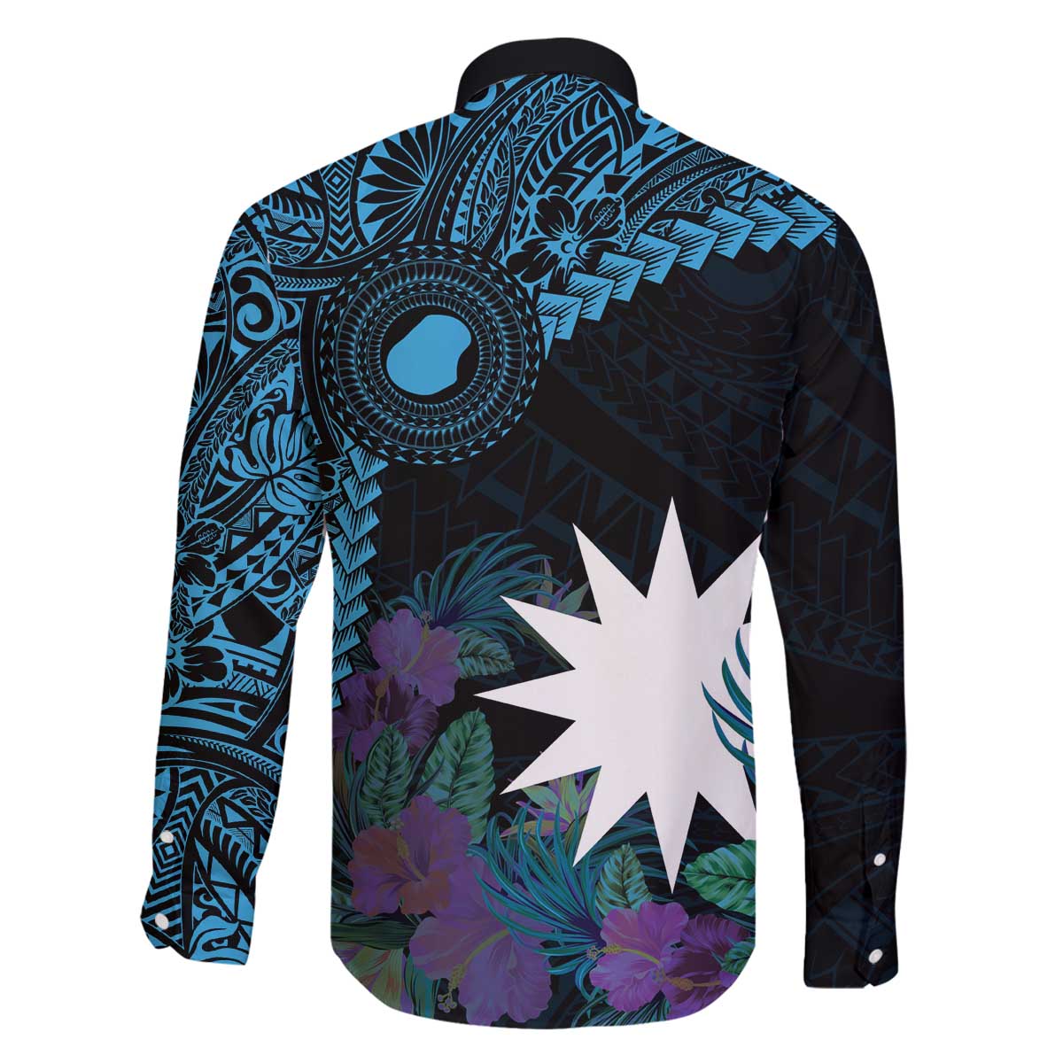 Blue Nauru Family Matching Off The Shoulder Long Sleeve Dress and Hawaiian Shirt Naoero Map With Polynesian Tropical Flowers LT14 - Polynesian Pride