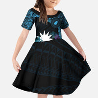 Blue Nauru Family Matching Off Shoulder Maxi Dress and Hawaiian Shirt Naoero Map With Polynesian Tropical Flowers LT14 Daughter's Dress Blue - Polynesian Pride