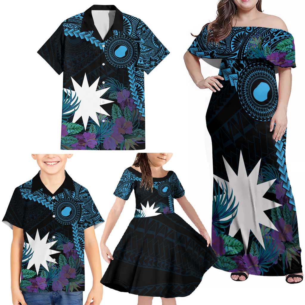 Blue Nauru Family Matching Off Shoulder Maxi Dress and Hawaiian Shirt Naoero Map With Polynesian Tropical Flowers LT14 - Polynesian Pride