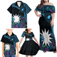 Blue Nauru Family Matching Off Shoulder Maxi Dress and Hawaiian Shirt Naoero Map With Polynesian Tropical Flowers LT14 - Polynesian Pride