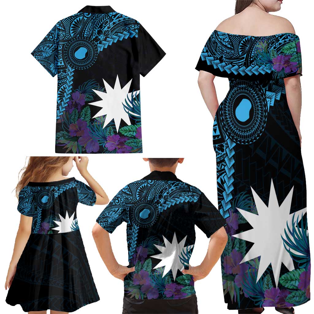 Blue Nauru Family Matching Off Shoulder Maxi Dress and Hawaiian Shirt Naoero Map With Polynesian Tropical Flowers LT14 - Polynesian Pride