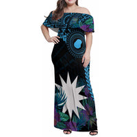 Blue Nauru Family Matching Off Shoulder Maxi Dress and Hawaiian Shirt Naoero Map With Polynesian Tropical Flowers LT14 Mom's Dress Blue - Polynesian Pride