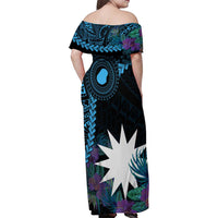 Blue Nauru Family Matching Off Shoulder Maxi Dress and Hawaiian Shirt Naoero Map With Polynesian Tropical Flowers LT14 - Polynesian Pride