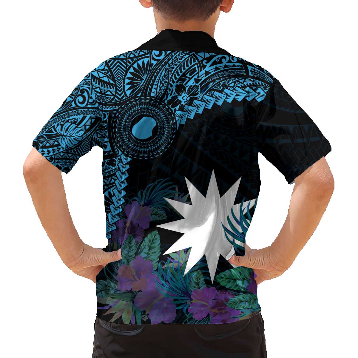 Blue Nauru Family Matching Off Shoulder Short Dress and Hawaiian Shirt Naoero Map With Polynesian Tropical Flowers LT14 - Polynesian Pride