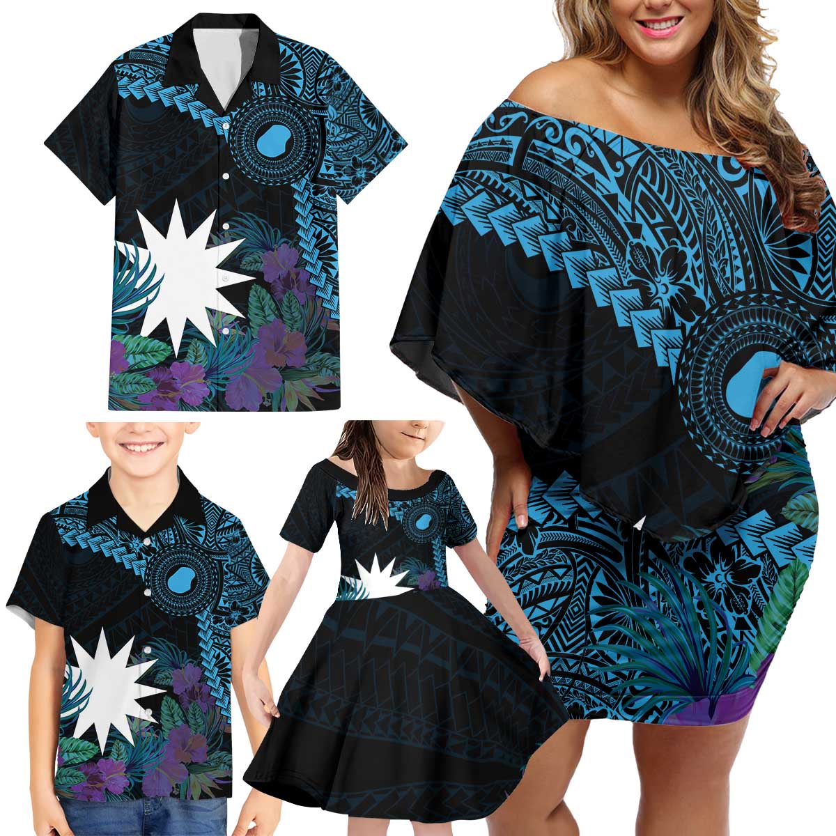 Blue Nauru Family Matching Off Shoulder Short Dress and Hawaiian Shirt Naoero Map With Polynesian Tropical Flowers LT14 - Polynesian Pride