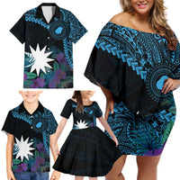 Blue Nauru Family Matching Off Shoulder Short Dress and Hawaiian Shirt Naoero Map With Polynesian Tropical Flowers LT14 - Polynesian Pride
