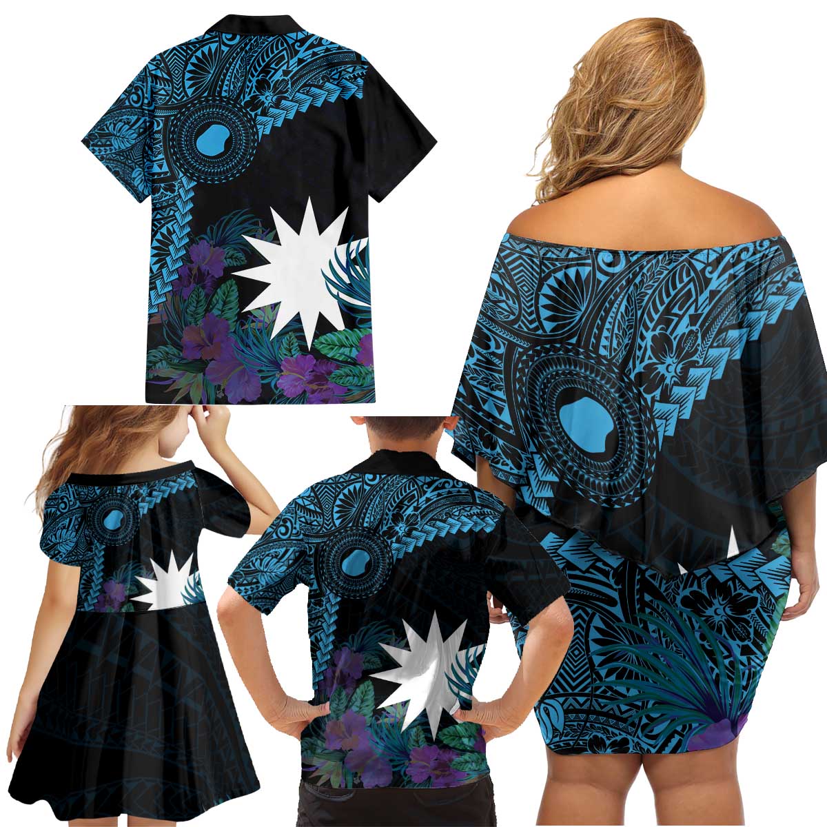 Blue Nauru Family Matching Off Shoulder Short Dress and Hawaiian Shirt Naoero Map With Polynesian Tropical Flowers LT14 - Polynesian Pride