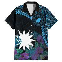 Blue Nauru Family Matching Off Shoulder Short Dress and Hawaiian Shirt Naoero Map With Polynesian Tropical Flowers LT14 Dad's Shirt - Short Sleeve Blue - Polynesian Pride