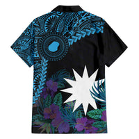 Blue Nauru Family Matching Off Shoulder Short Dress and Hawaiian Shirt Naoero Map With Polynesian Tropical Flowers LT14 - Polynesian Pride