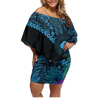 Blue Nauru Family Matching Off Shoulder Short Dress and Hawaiian Shirt Naoero Map With Polynesian Tropical Flowers LT14 Mom's Dress Blue - Polynesian Pride