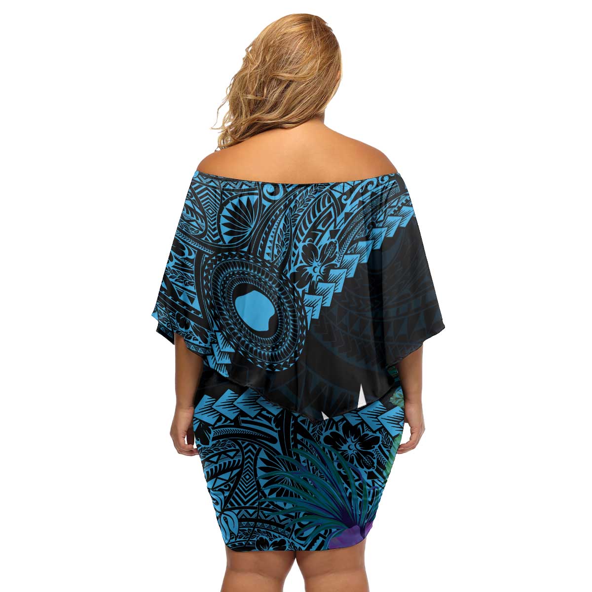 Blue Nauru Family Matching Off Shoulder Short Dress and Hawaiian Shirt Naoero Map With Polynesian Tropical Flowers LT14 - Polynesian Pride