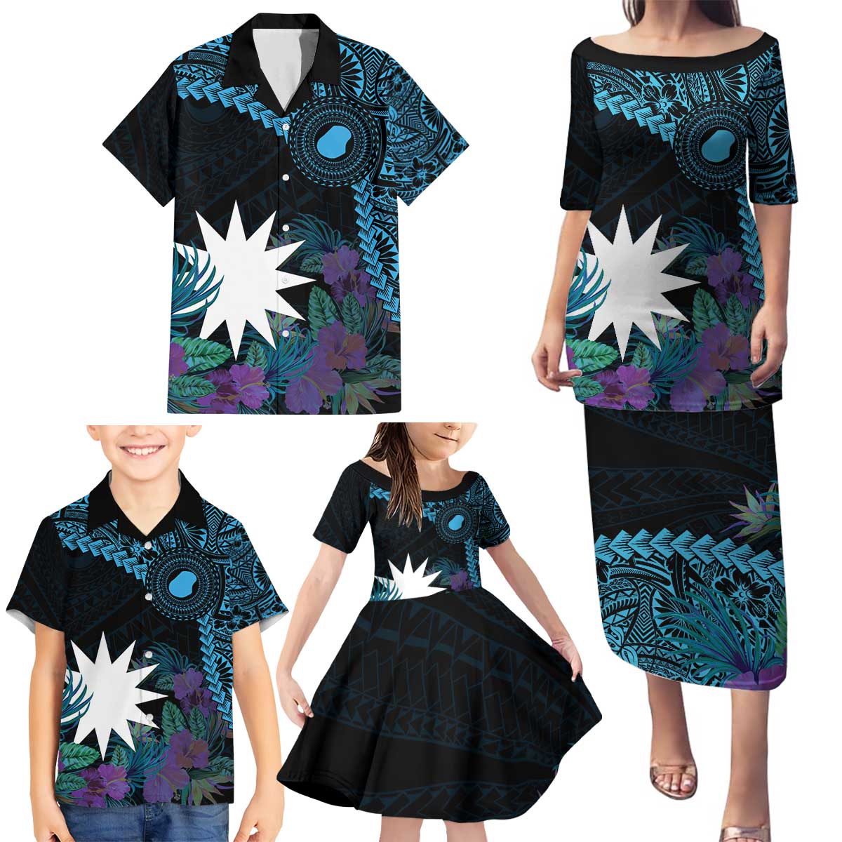 Blue Nauru Family Matching Puletasi and Hawaiian Shirt Naoero Map With Polynesian Tropical Flowers LT14 - Polynesian Pride