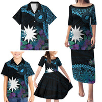 Blue Nauru Family Matching Puletasi and Hawaiian Shirt Naoero Map With Polynesian Tropical Flowers LT14 - Polynesian Pride