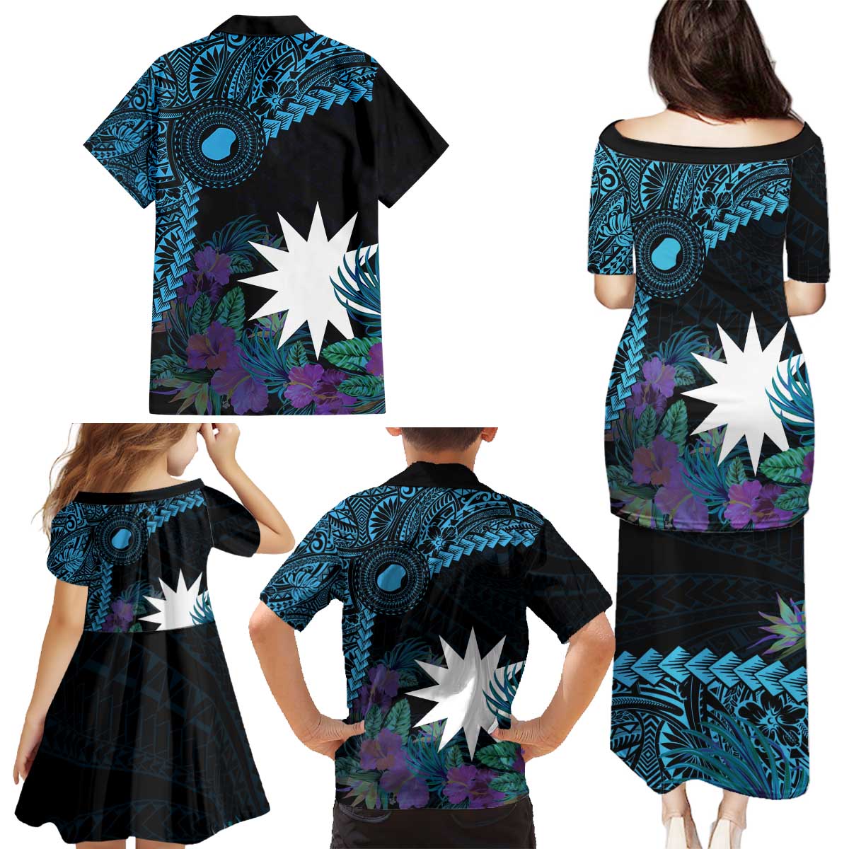 Blue Nauru Family Matching Puletasi and Hawaiian Shirt Naoero Map With Polynesian Tropical Flowers LT14 - Polynesian Pride
